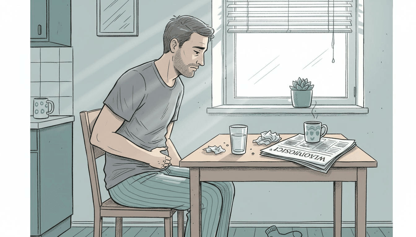 Mężczyzna trzyma się za brzuch, pokazując, że odczuwa ból wywołany stresem.