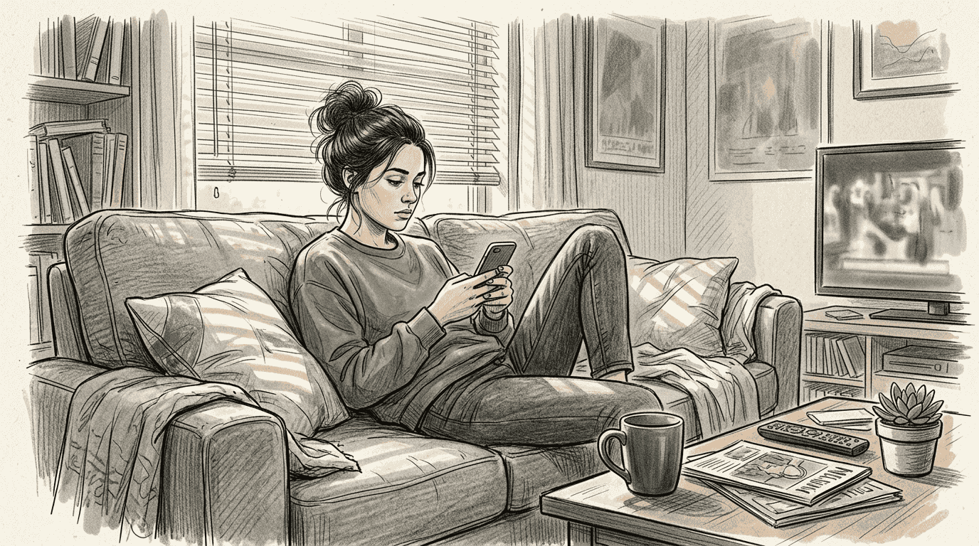 Kobieta siedzi na kanapie w swoim mieszkaniu i bez przerwy przewija wiadomości na telefonie.