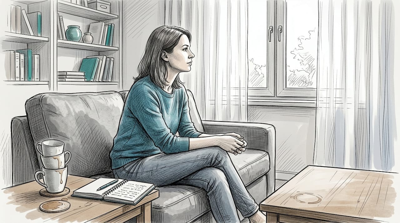 Kobieta zatopiona w myślach, siedzi wygodnie na kanapie w przytulnym salonie.