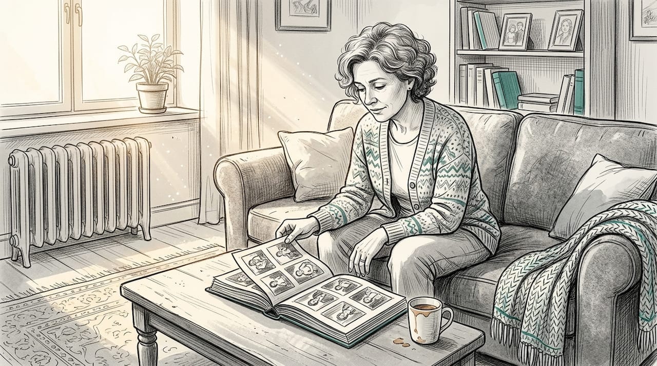 Kobieta siedzi wygodnie na kanapie w salonie i z sentymentem przegląda rodzinne zdjęcia.