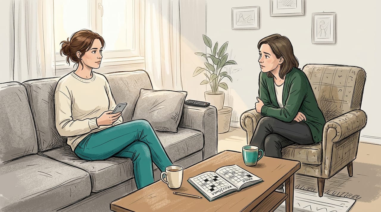 Dwóch przyjaciół zerka na siebie porozumiewawczo, siedząc razem w salonie.