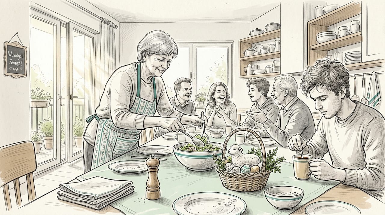 Wielkanocne śniadanie w domowej kuchni, cała rodzina zgromadzona przy stole.