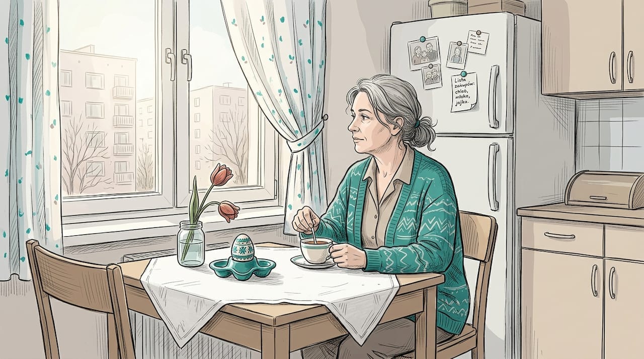 Samotna kobieta siedząca przy wielkanocnym stole, w ciszy poranka.