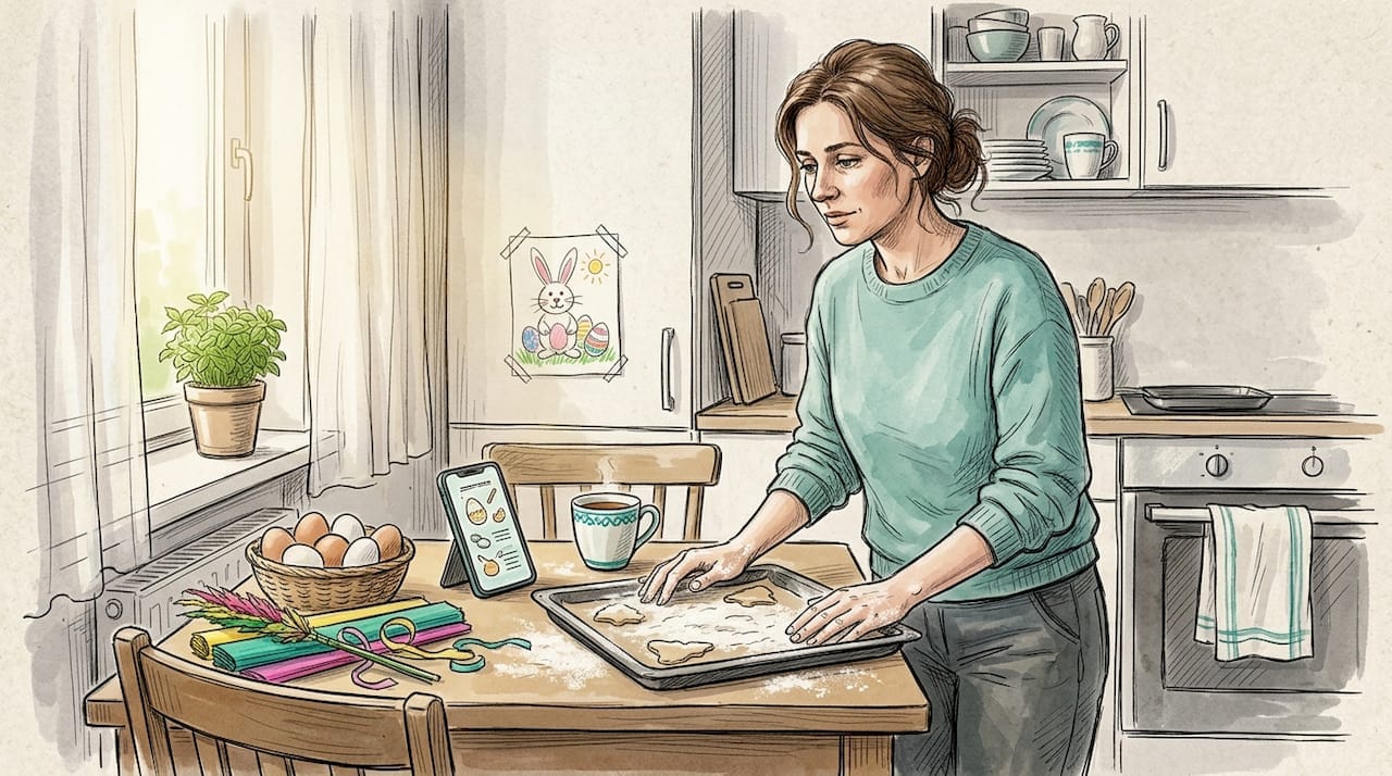 Kobieta zatrzymała się na chwilę przy zastawionym, nieco chaotycznym stole wielkanocnym, spoglądając na rozgardiasz po przygotowaniach.