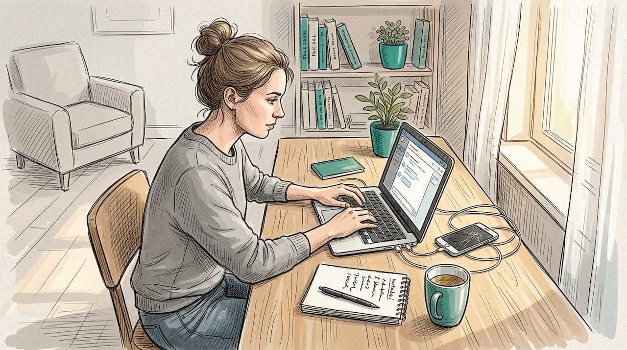 Kobieta odpisuje na wiadomości, siedząc przy zabałaganionym biurku w domowym gabinecie.