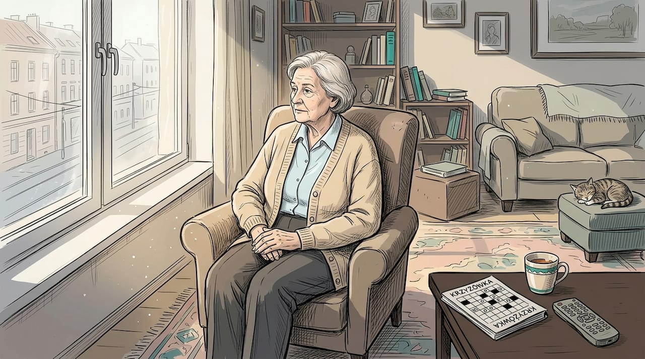 Starsza kobieta samotnie wygląda przez okno swojego mieszkania.