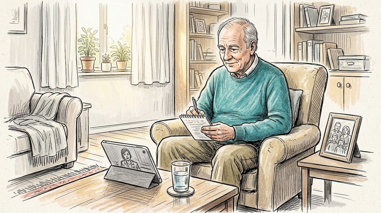 Starszy mężczyzna korzystający z terapii online w swoim salonie