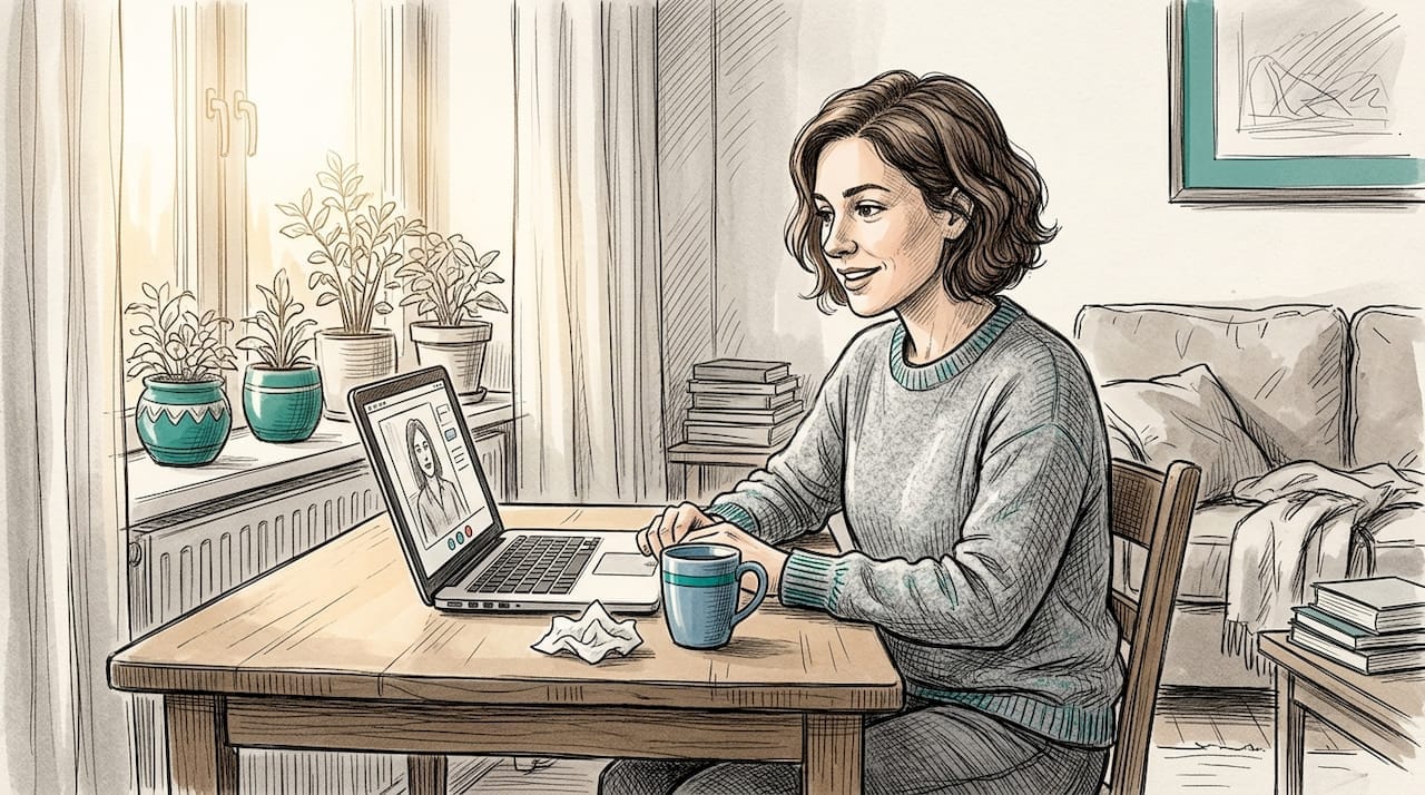 Kobieta korzystająca z terapii online, siedząca wygodnie w swoim domu