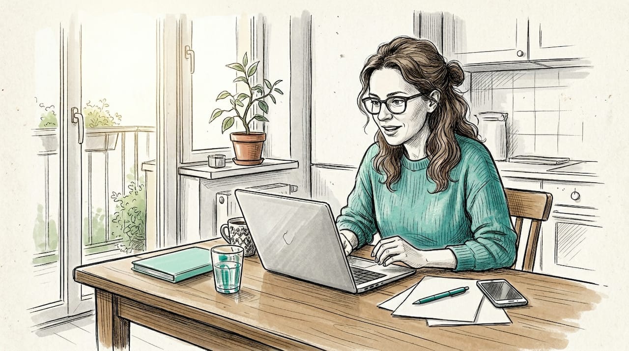 Kobieta bierze udział w wideokonferencji, siedząc przy kuchennym stole.