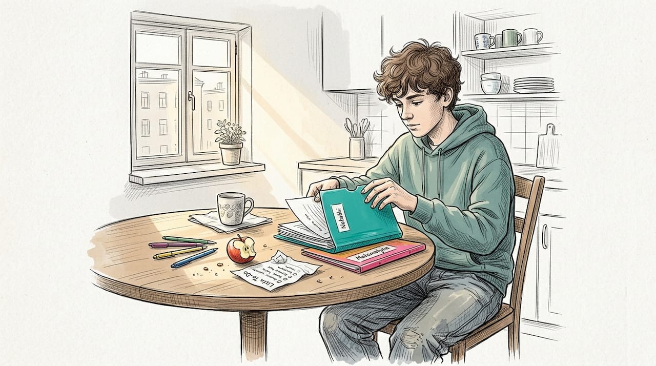 Nastolatek rozkłada książki i zeszyty na kuchennym stole, przygotowując się do nauki.