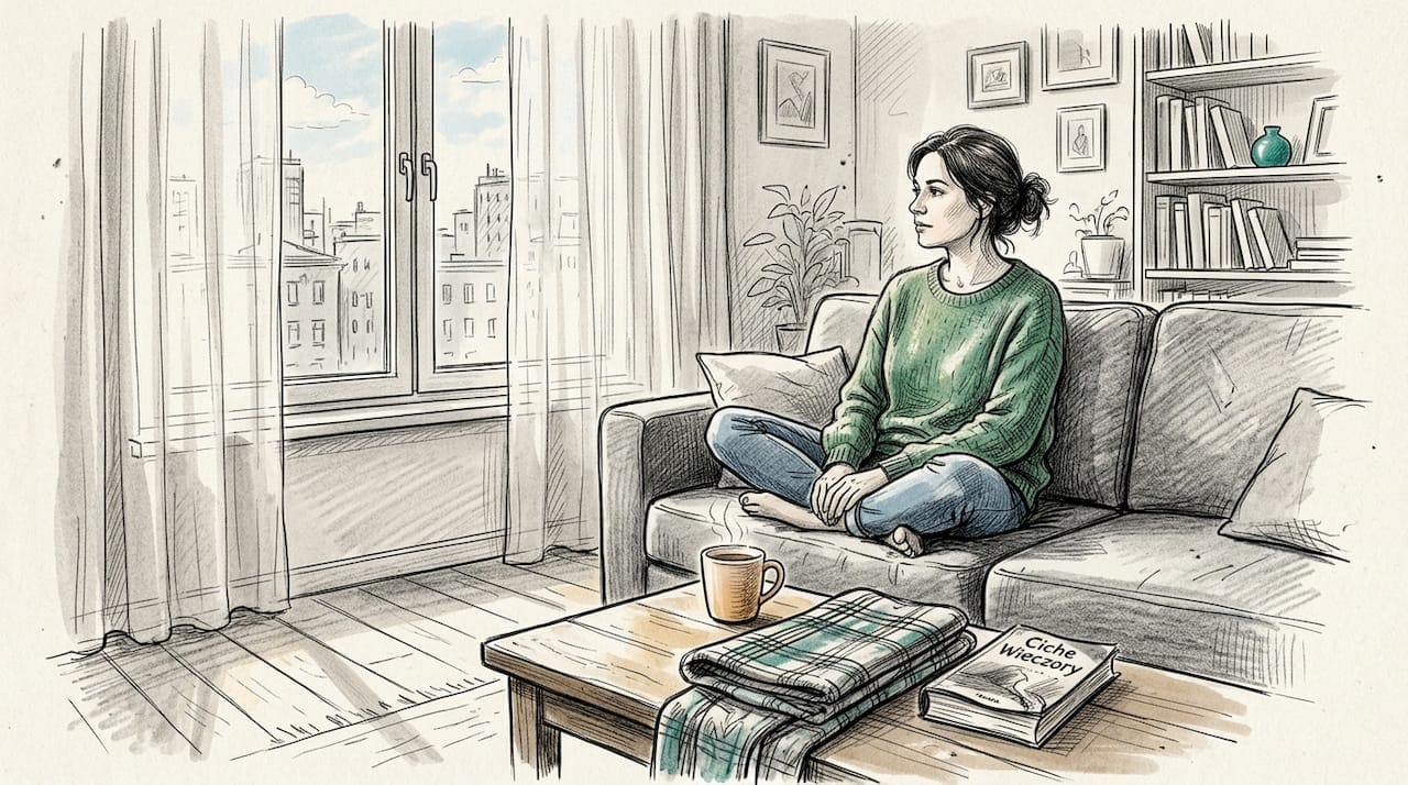 Zatopiona w myślach kobieta siedzi na kanapie w salonie.