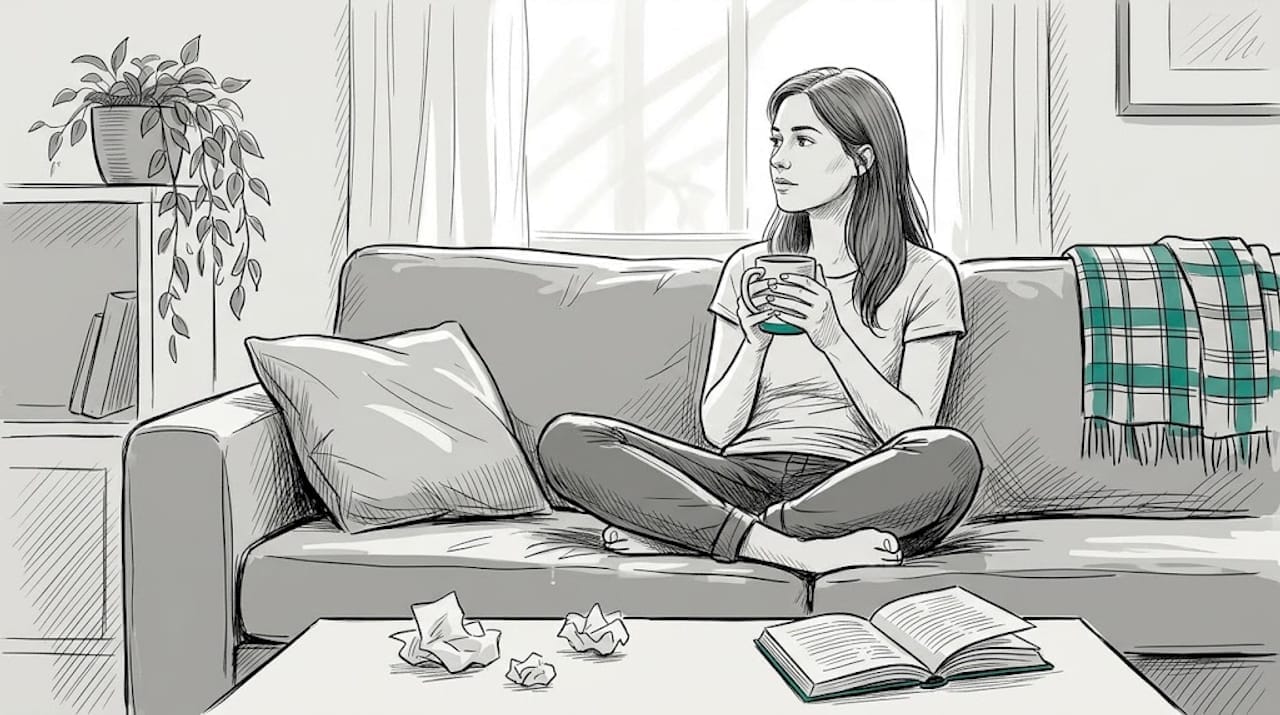 Młoda kobieta zatopiona w myślach, siedząc wygodnie na kanapie w swoim domu.