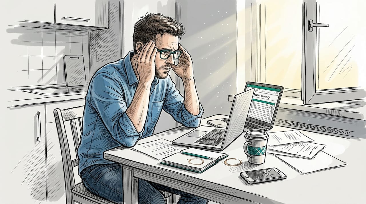 Mężczyzna siedzi przy kuchennym stole, otoczony bałaganem, wyraźnie zestresowany i przytłoczony natłokiem rzeczy.