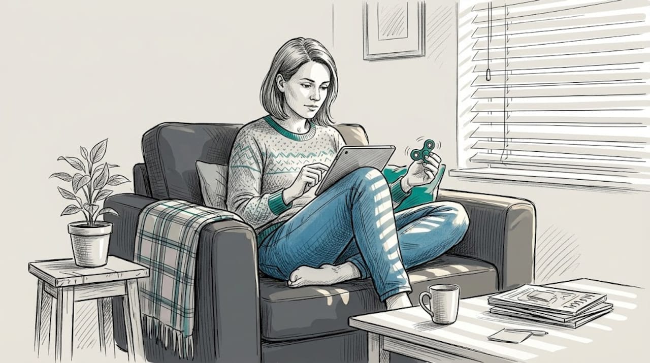 Autystyczna kobieta odpoczywa w swoim salonie, ciesząc się chwilą spokoju.