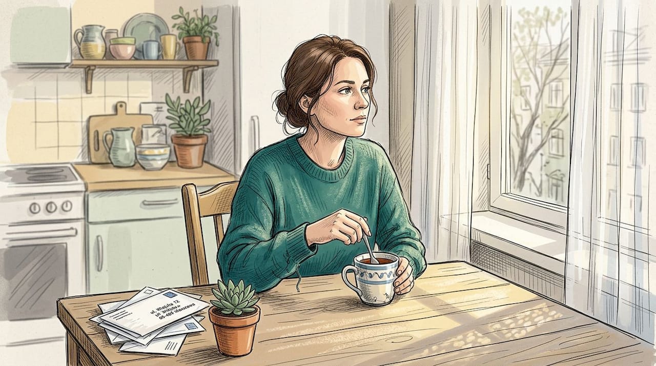 Kobieta zamyślona przy kuchennym stole o poranku.