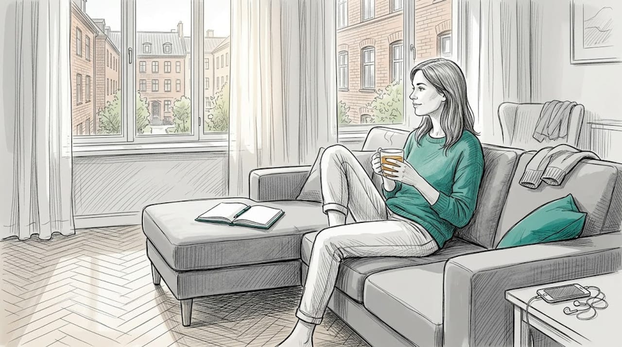 Kobieta relaksuje się na kanapie z kubkiem herbaty w dłoni.