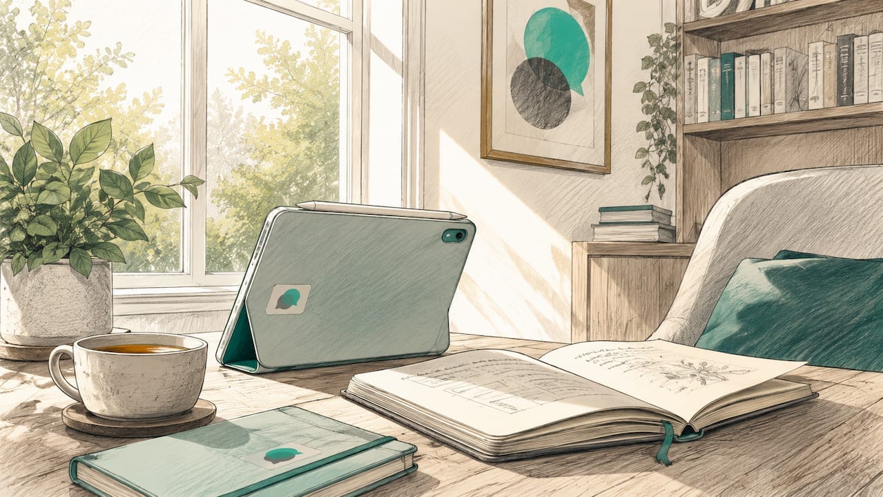 Ilustracja wektorowa przedstawiająca nieużywane biurko z kubkiem herbaty i tabletem.