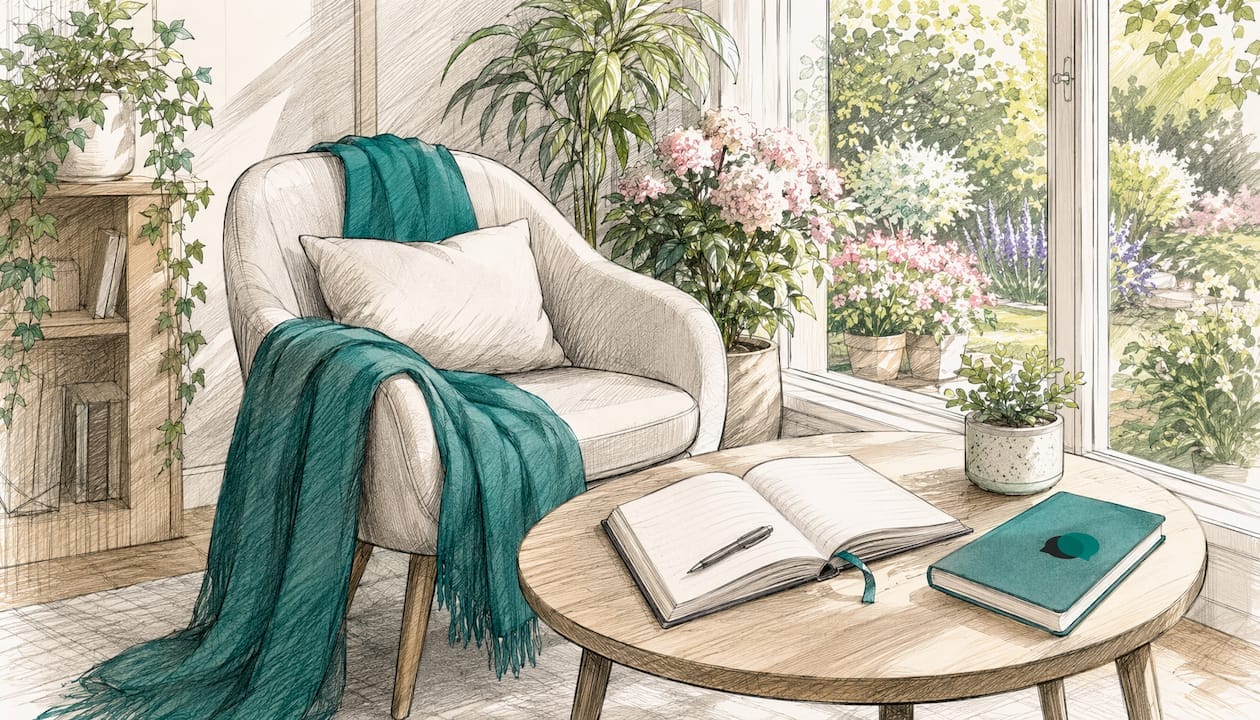 Ilustracja przedstawiająca przytulny, cichy gabinet terapeutyczny