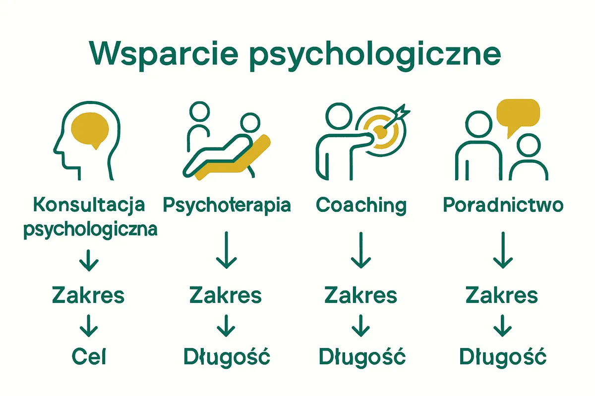 Graficzne porównanie konsultacji, psychoterapii, coachingu i poradnictwa