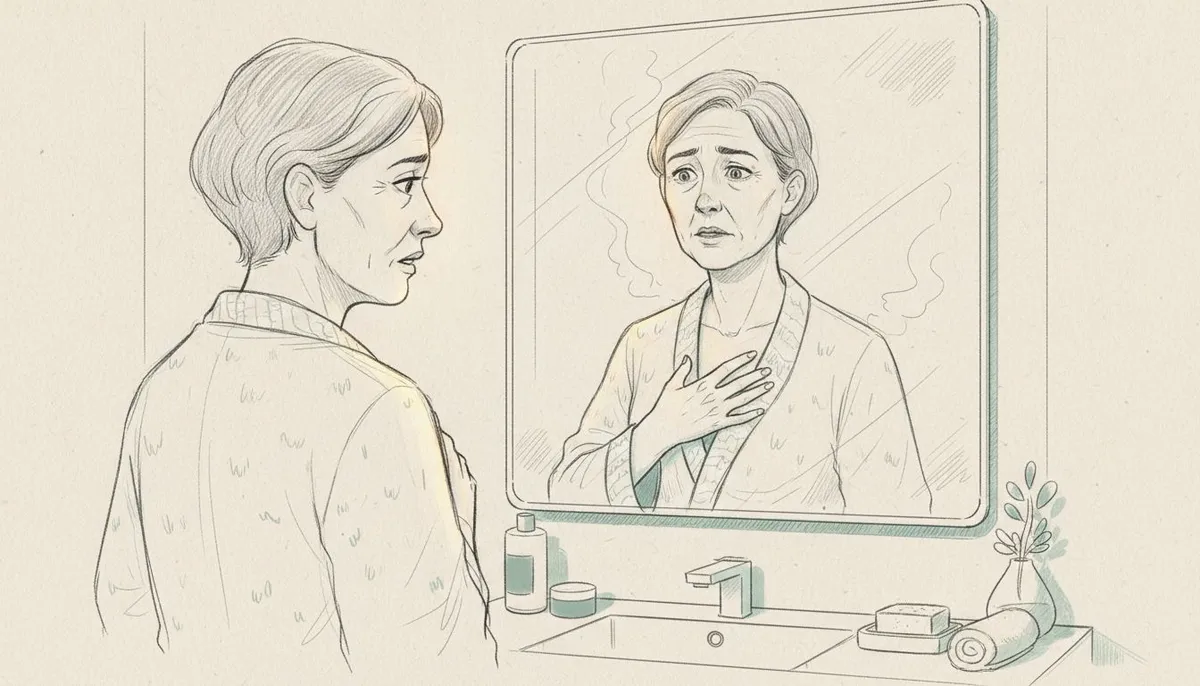 Person checking body for symptoms in mirror