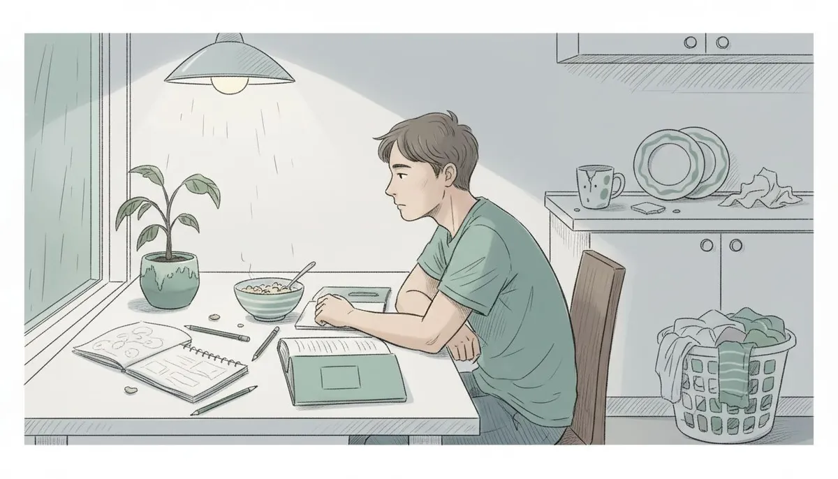 Young man sitting in dim apartment gazing outside
