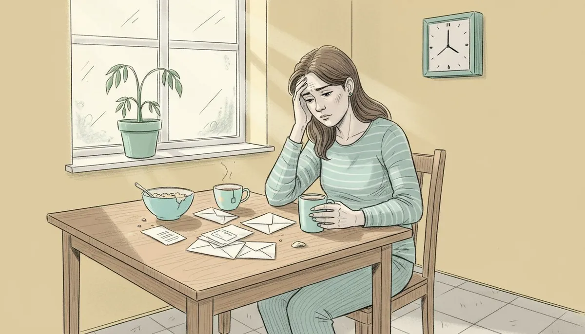 Woman stressed in everyday kitchen setting