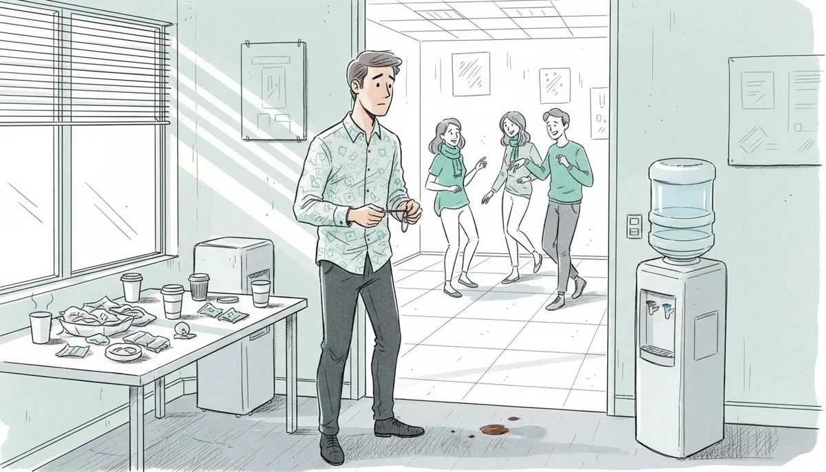 Isolated man avoiding workplace group