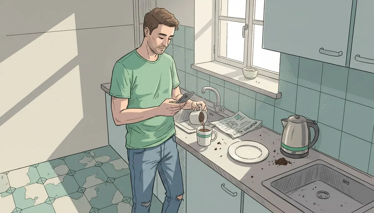 Mężczyzna nalewa sobie kawę w kuchni i jednym okiem zerka na telefon.