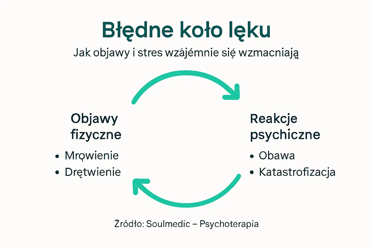 Infografika: jak lęk nakręca objawy, błędne koło