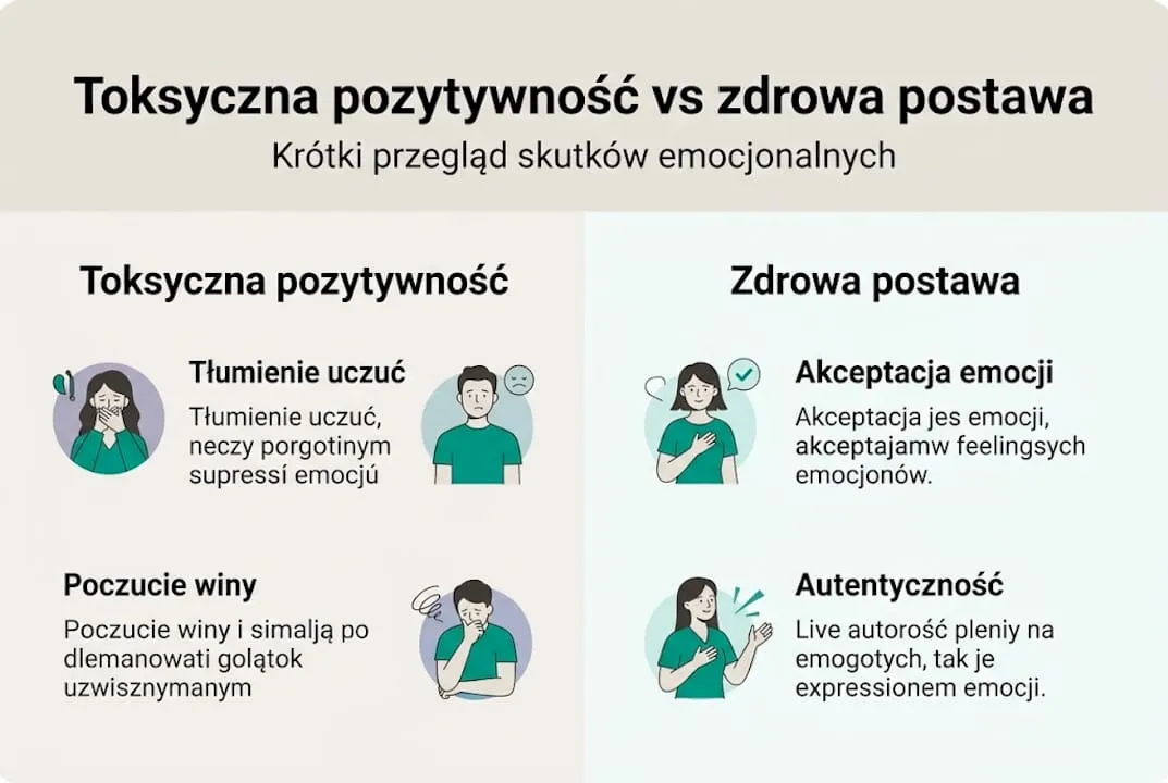 Grafika przedstawiająca, jakie konsekwencje może mieć udawanie, że wszystko jest w porządku, czyli toksyczna pozytywność