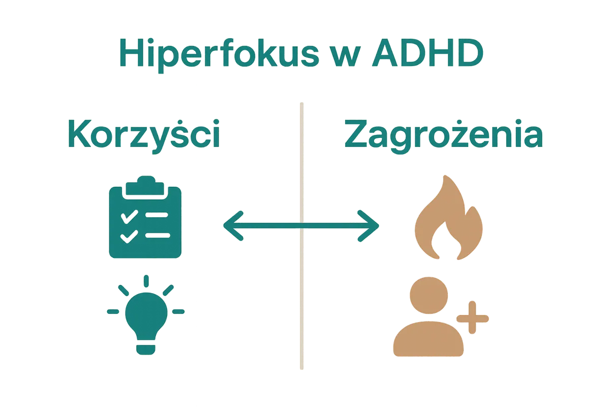 Infografika: plusy i minusy hiperfokusu w ADHD