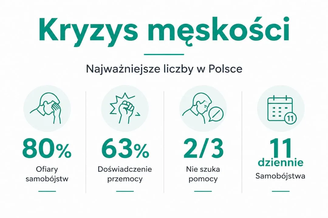 Infografika przedstawiająca najważniejsze dane dotyczące współczesnego kryzysu męskości