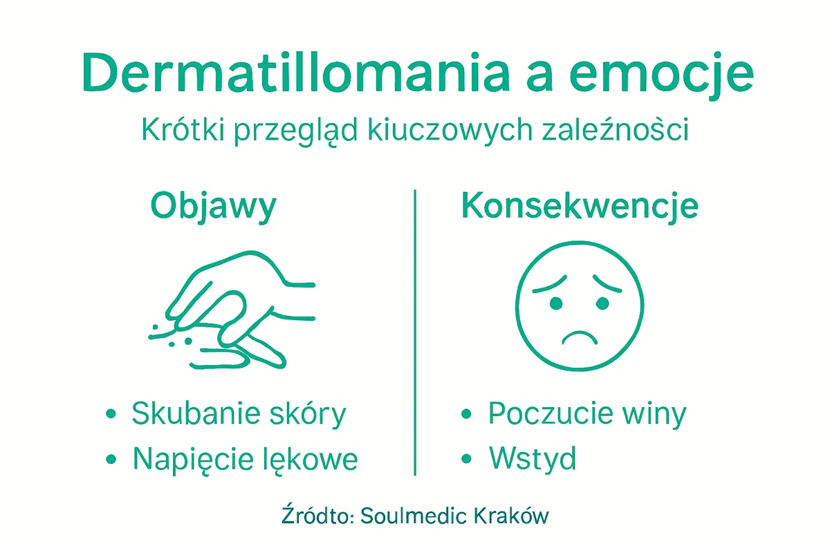 Infografika przedstawiająca charakterystyczne objawy oraz konsekwencje dermatillomanii