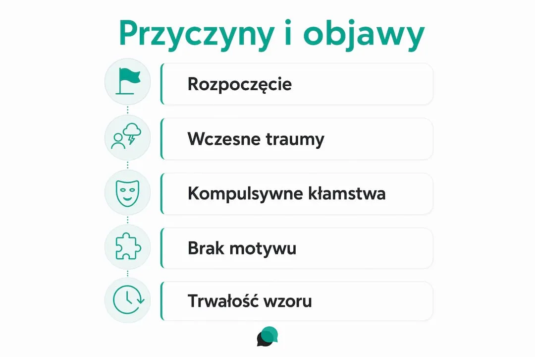 Grafika przedstawiająca najczęstsze powody oraz symptomy mitomanii
