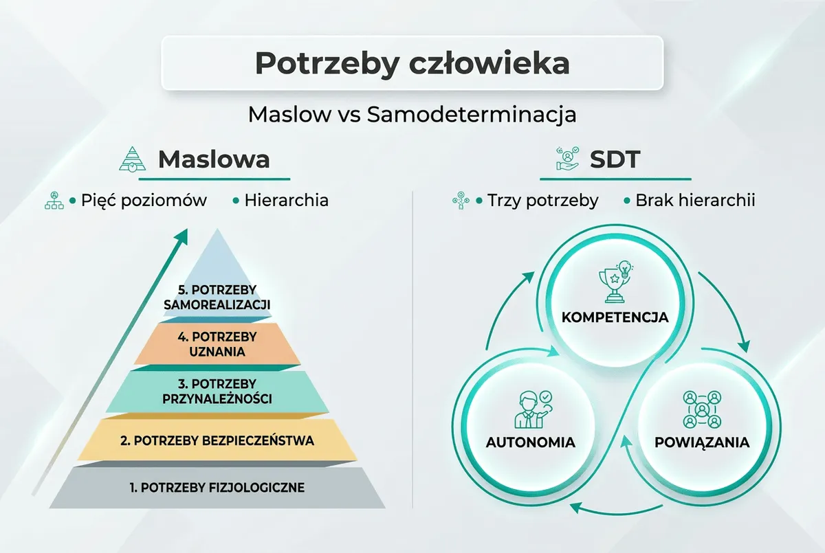Infografika: zestawienie piramidy Maslowa z teorią autodeterminacji (SDT)