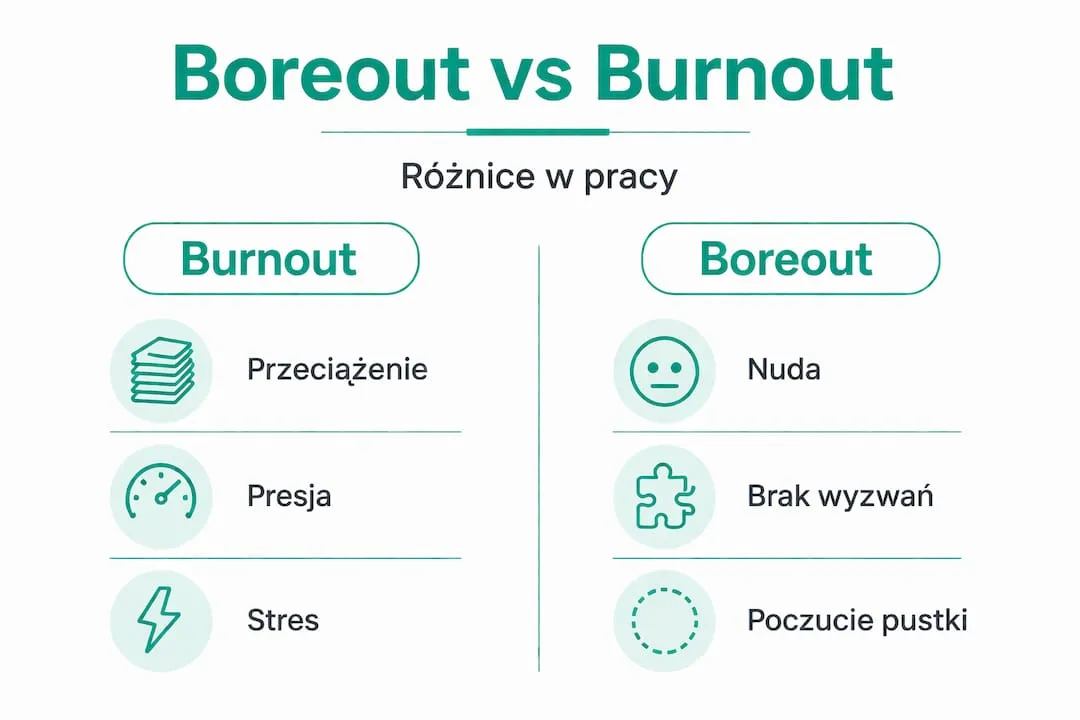 Infografika pokazująca różnice między wypaleniem zawodowym a znudzeniem pracą