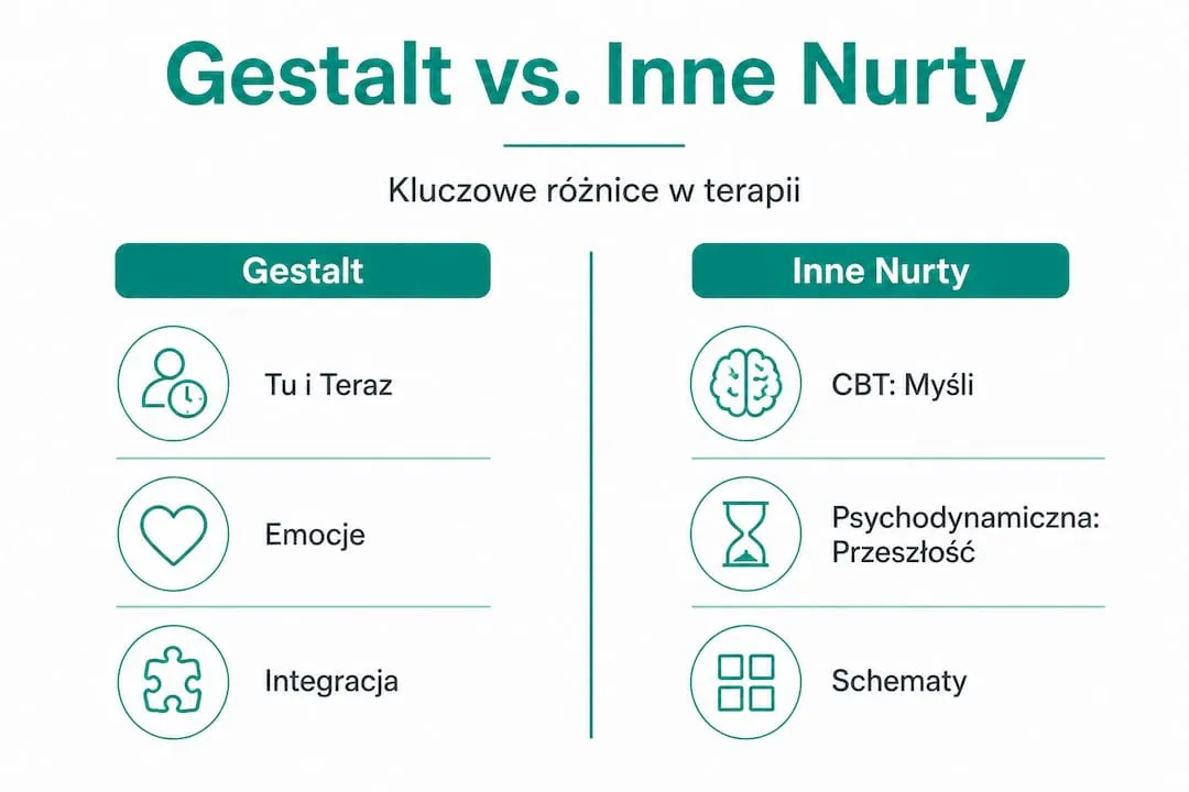 Grafika przedstawiająca zestawienie terapii Gestalt z innymi popularnymi podejściami psychoterapeutycznymi