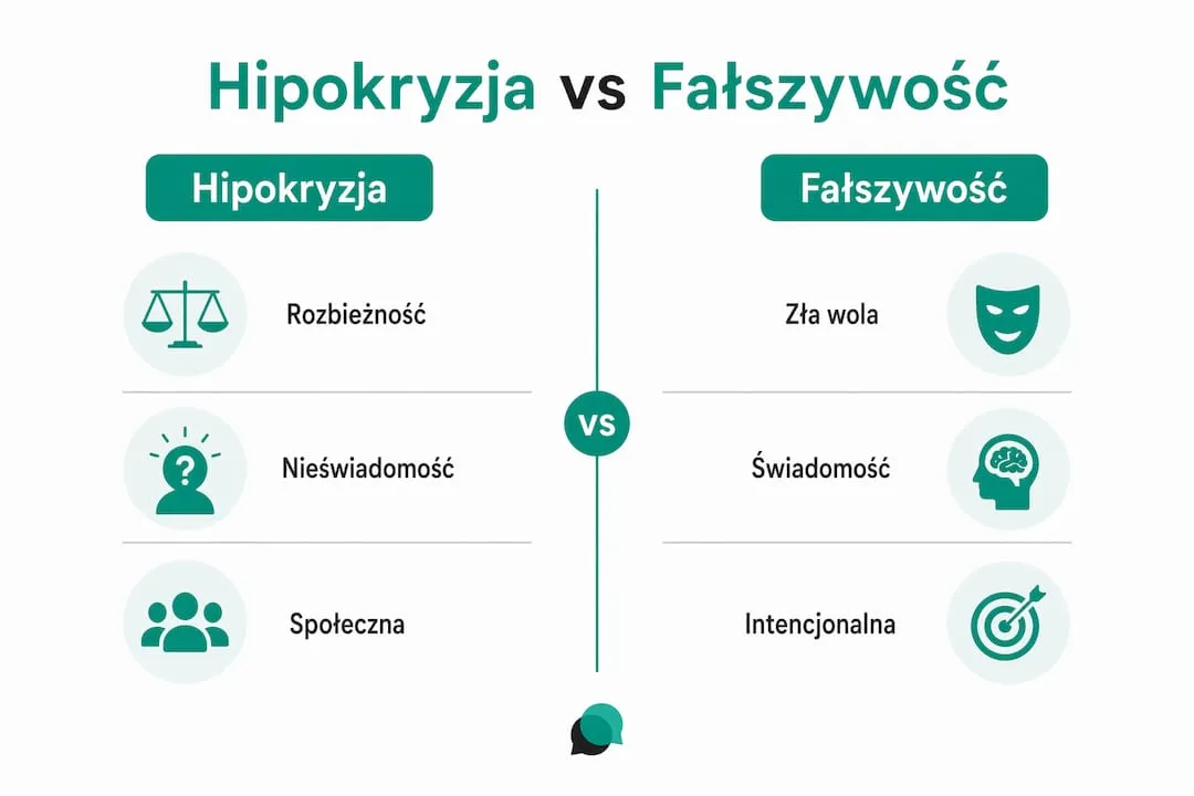 Grafika przedstawiająca różnice między hipokryzją a udawaniem szczerości.