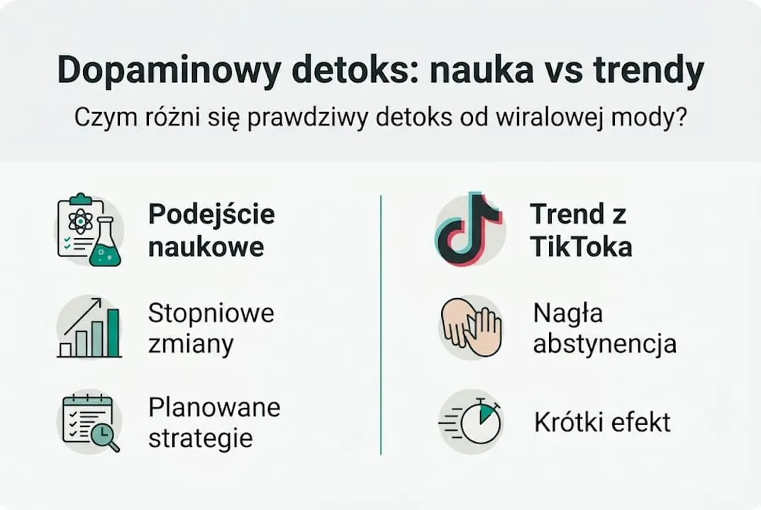 Grafika przedstawiająca zestawienie naukowego podejścia do detoksu dopaminowego z jego popularną wersją lansowaną w świecie mody.