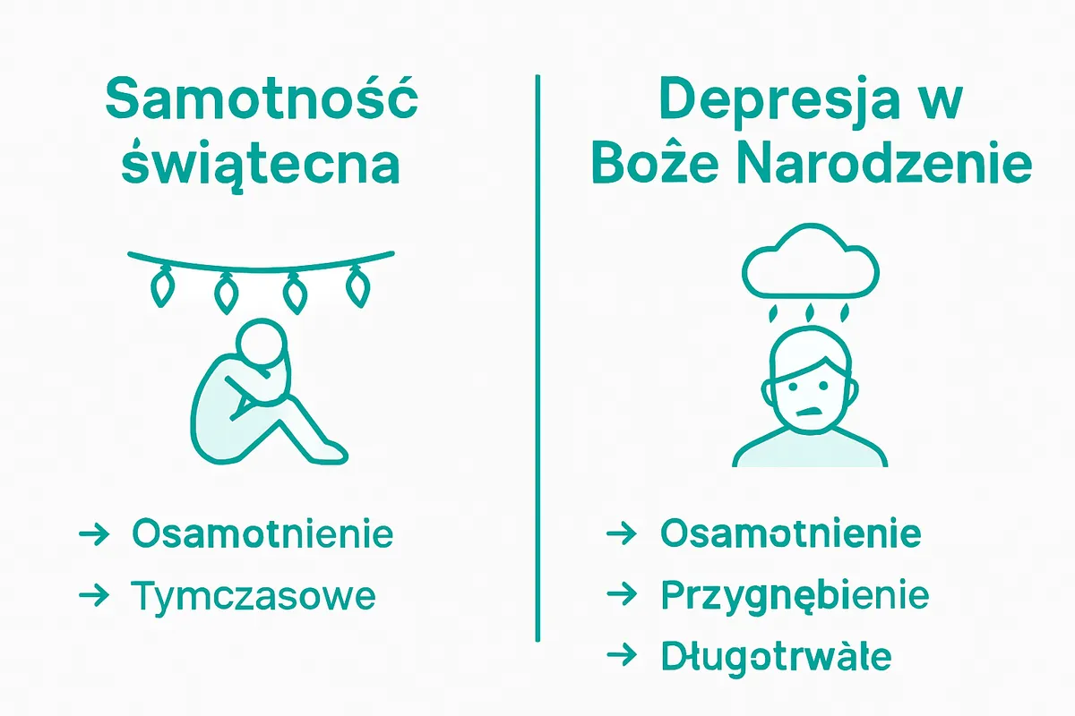 Infografika pokazująca różnice między poczuciem samotności a depresją w okresie świątecznym