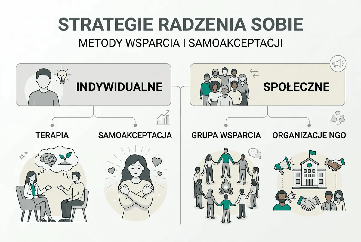 Infografika prezentująca sposoby wspierania innych oraz skuteczne metody radzenia sobie w trudnych sytuacjach.
