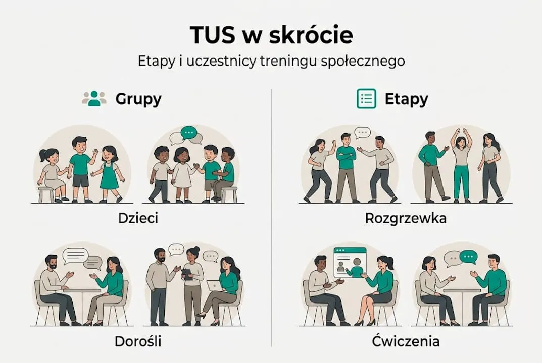 Grafika przedstawiająca przebieg TUS oraz osoby zaangażowane w każdy etap