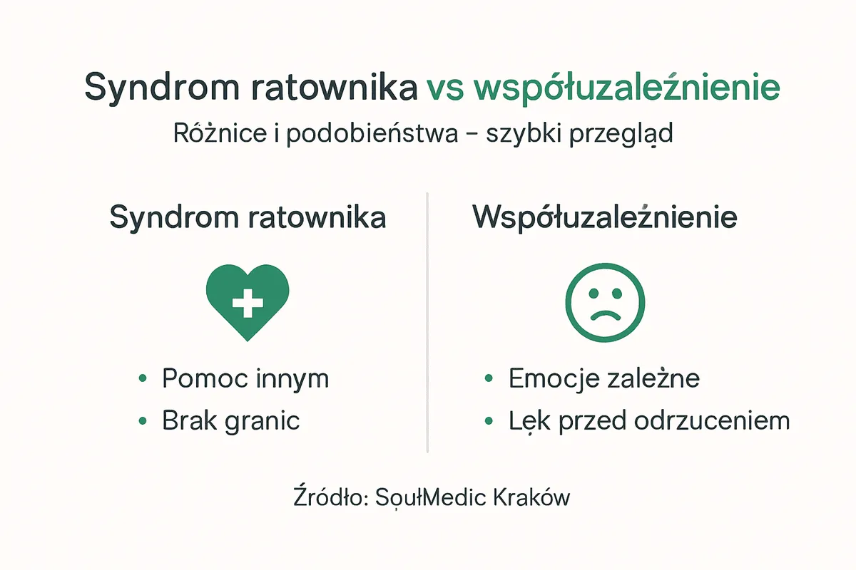 Infografika przedstawiająca różnice i podobieństwa między syndromem ratownika a współuzależnieniem