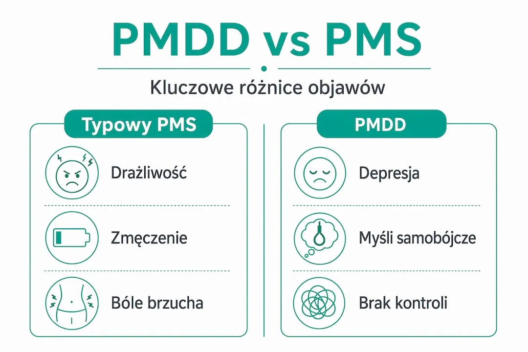 Infografika przedstawiająca najważniejsze różnice między zespołem napięcia przedmiesiączkowego (PMS) a przedmiesiączkowym zaburzeniem dysforycznym (PMDD)