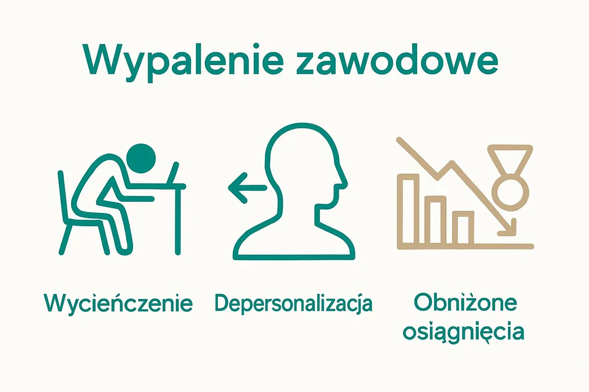 Infografika przedstawiająca trzy główne objawy wypalenia: wyczerpanie, dystans i obniżone poczucie osiągnięć