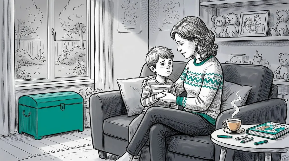 Mama wspiera swoje dziecko podczas domowych ćwiczeń terapeutycznych, dbając o jego komfort i postępy.
