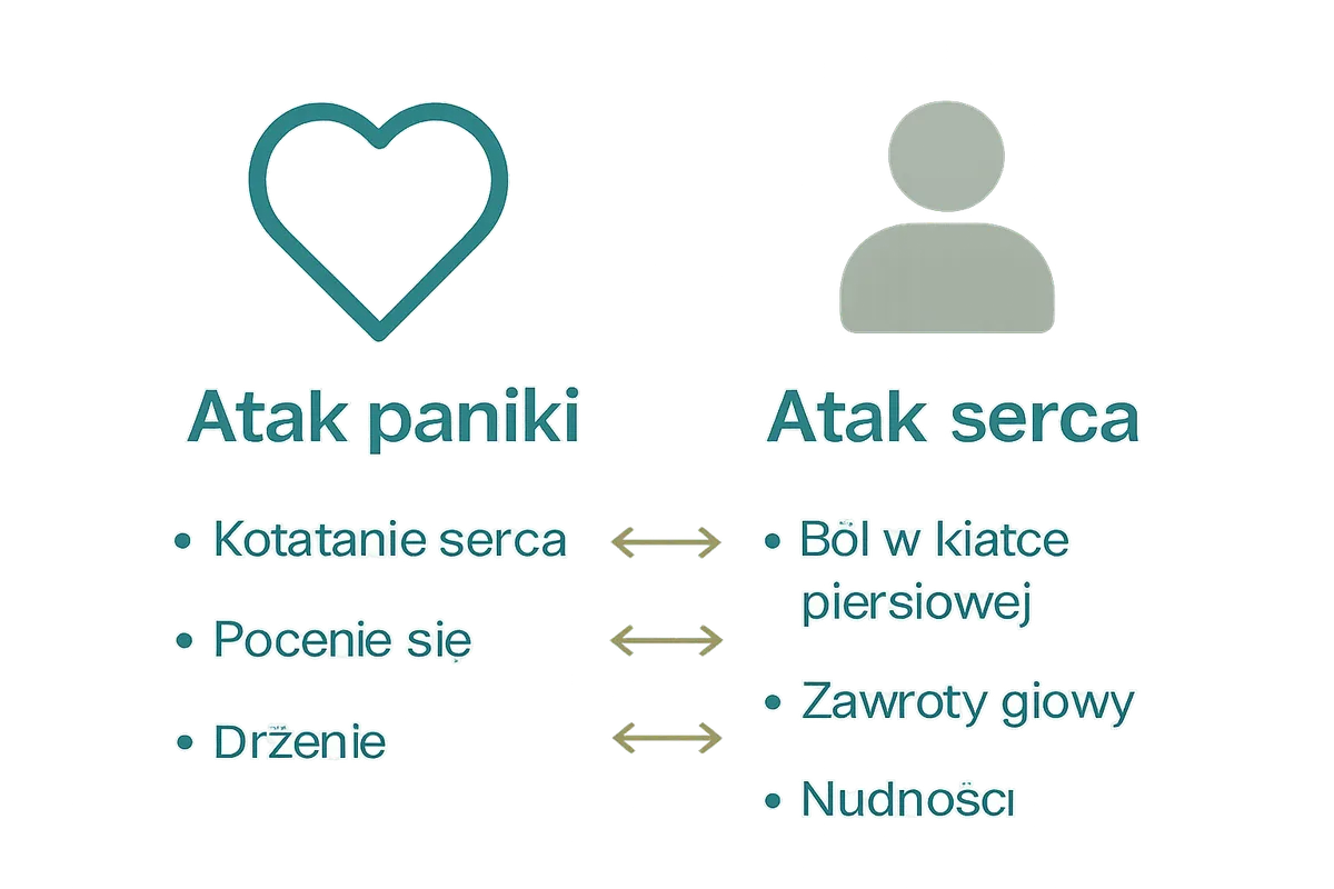 Porównanie objawów ataku paniki i serca grafika z piktogramami.