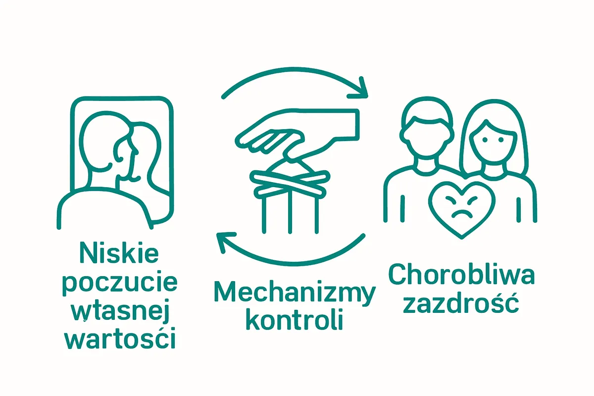 Schemat zależności między samooceną, kontrolą i zazdrością