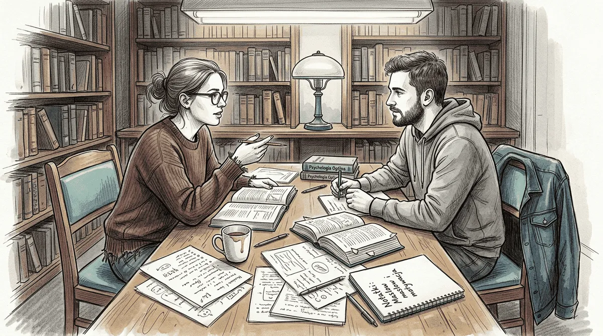 W bibliotece grupa studentów rozmawia o teorii Maslowa, dzieląc się swoimi spostrzeżeniami i doświadczeniami.