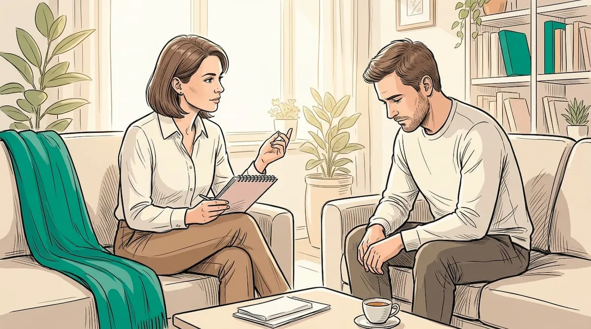 Psycholog rozmawiający z pacjentem podczas sesji terapeutycznej
